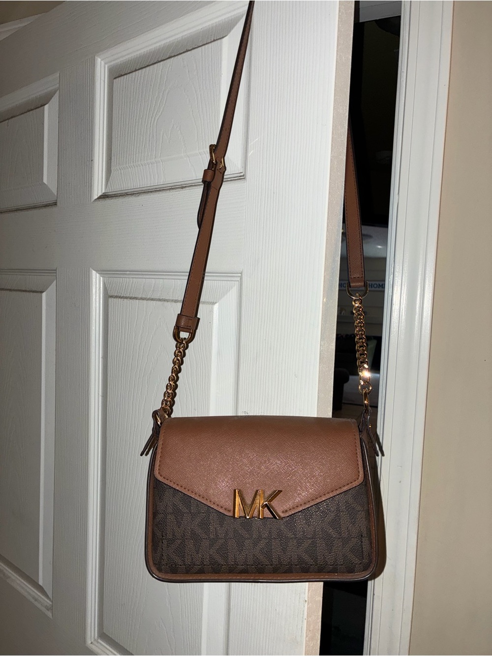 Michael Kors Brown Logo Saffiano & PVC Crossbody with Gold MK